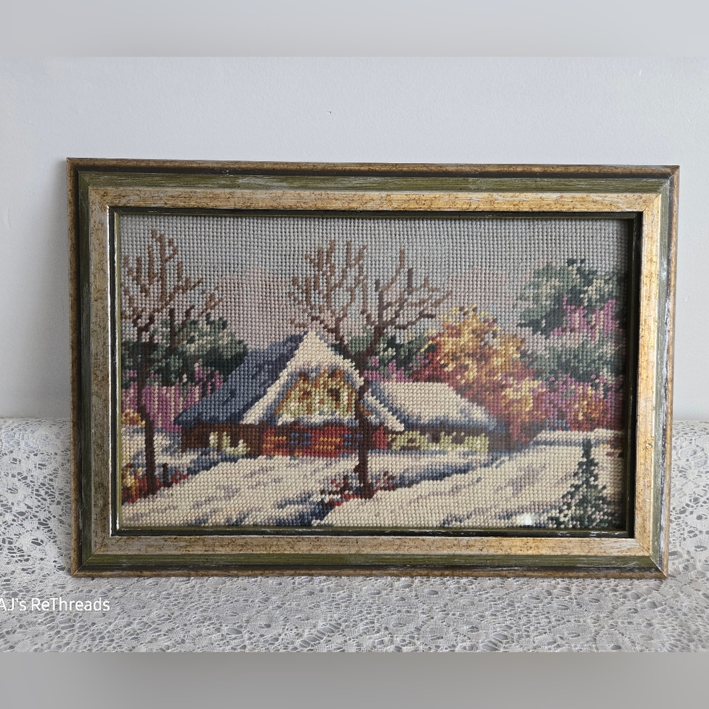 Vintage Framed Winter Cabin Needlepoint Art | Handmade Rustic Wall Decor